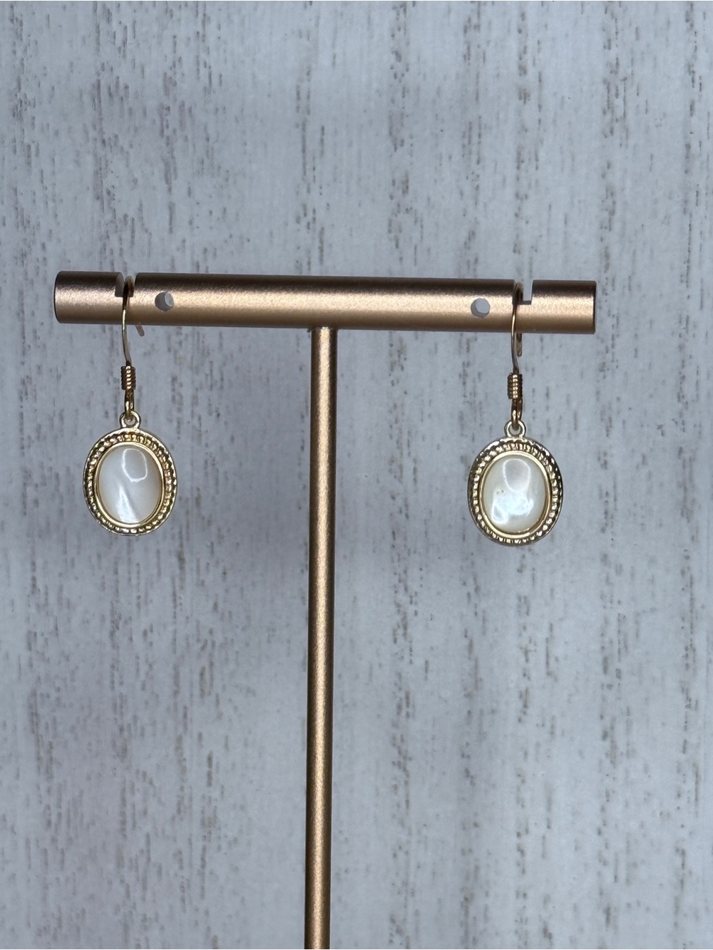 Gold Tone White Mother of Pearl Oval Dangle Earrings